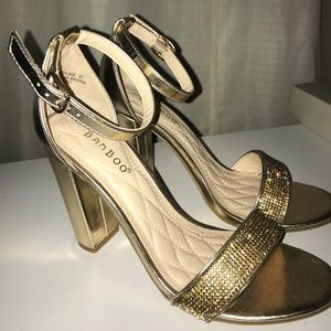 gold blocked heeled sandals